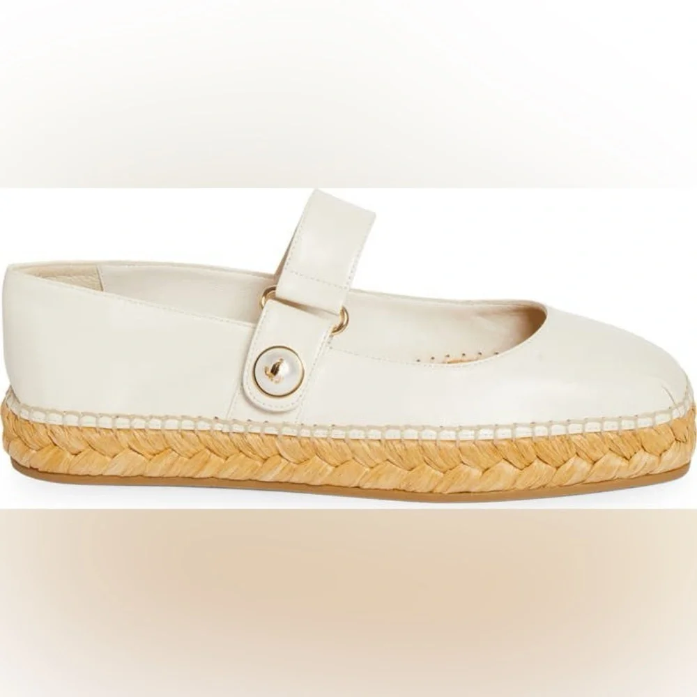 Jimmy Choo Fayence Pearl White Leather Mary Jane Ballerina Espadrilles EUC Sz 38